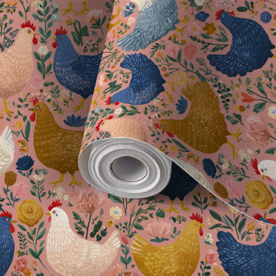Peel and Stick Wallpaper Contact Paper Whimsical Farm Chicken Colorful Flowers Pink Self Adhesive and Removable 24in x 118in(60x300cm)