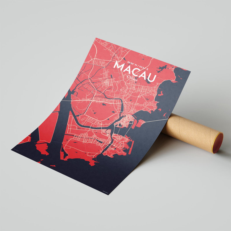 Macau, carte de la ville, impression, H 17 po x l 11 po, Rouge / bleu marine
