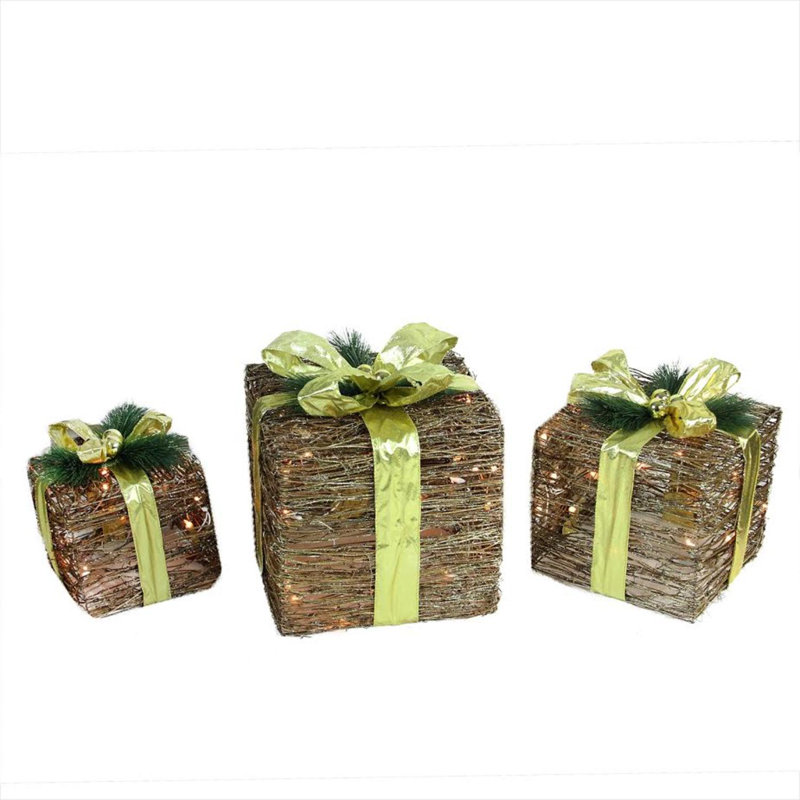 3 Piece Lighted Natural Rattan and Glitter Gift Boxes Christmas Decoration Set