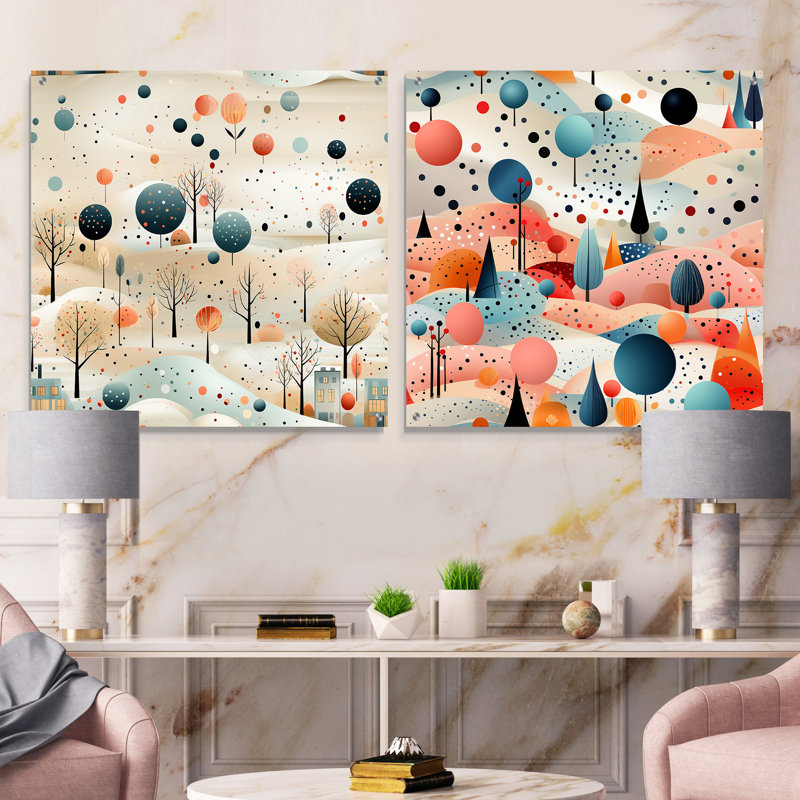Gris et bleu à pois, paysage rétro - ensemble abstrait d'art mural en acrylique sur verre, H 36 po x l 73 po