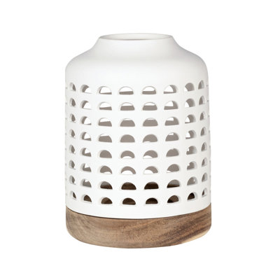 Lanterne avec découpes - Porcelaine et bois d'acacia - Grand
