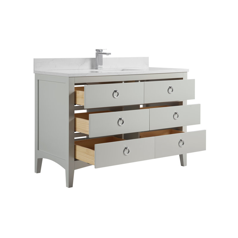 48" Solid Wood Bathroom Vanity with 1" Engineered Marble Top, Single Sink, Polished Chrome, Silver Strand