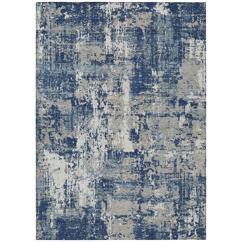 Navy Abstract Flat Woven Synthetic Washable Rug 2'6" x 3'10"