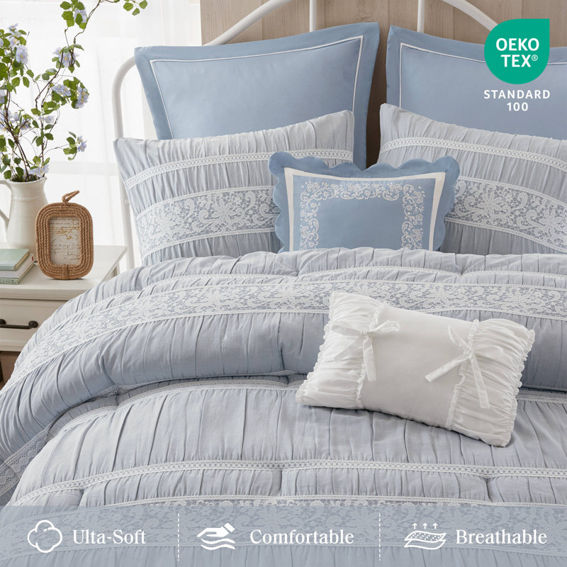 Perryn Blue Vintage Jacquard 7-Piece Queen Comforter Set, Blue, Queen Comforter + 6 Additional Pieces