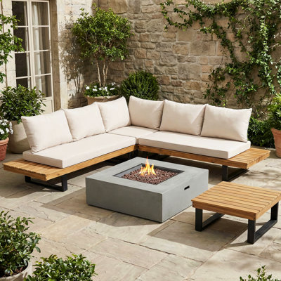 Abhipsa 4 Piece Teak Sectional Seating Group with Cushions and MGO Firepit 
