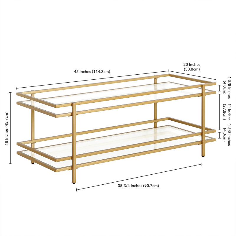 Robillard 45" Glass And Steel Coffee Table With Shelf, Brass