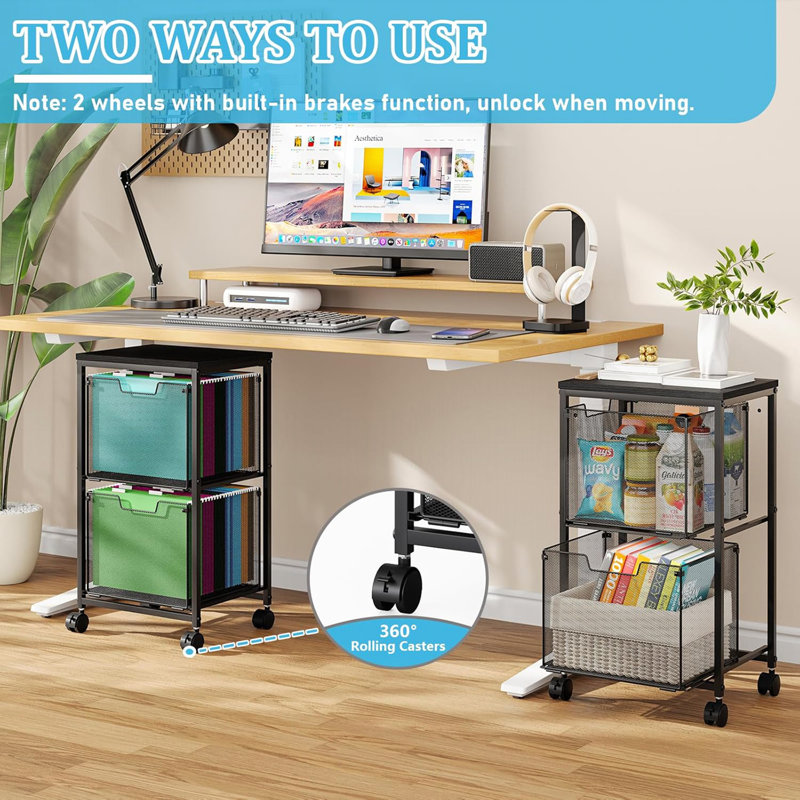 Black Rolling File Cart - 2 Storage Drawers, Under Desk Hanging File Organizer With Wheels (Printer Stand Utility Craft Cart For Home Office)