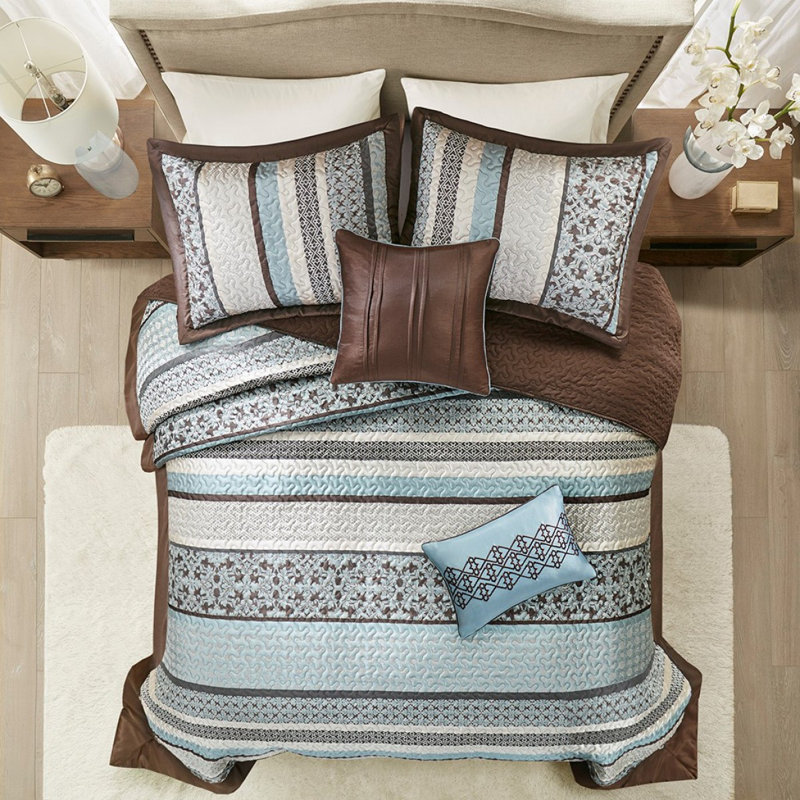 Ensemble de couvre-lit réversible en jacquard 5 pièces Blue King, Blue, King Bedspread + 4 Additional Pieces