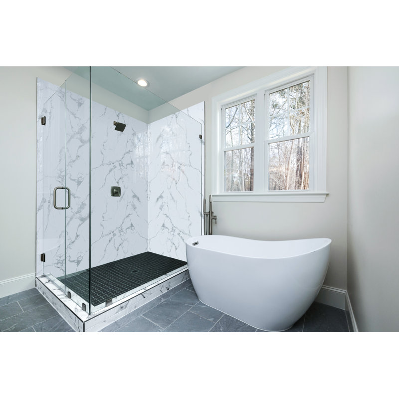 Polymarm 48" W 80" H 48" D Two Wall Composite Shower Wall Panel Surround, Calacatta Gray
