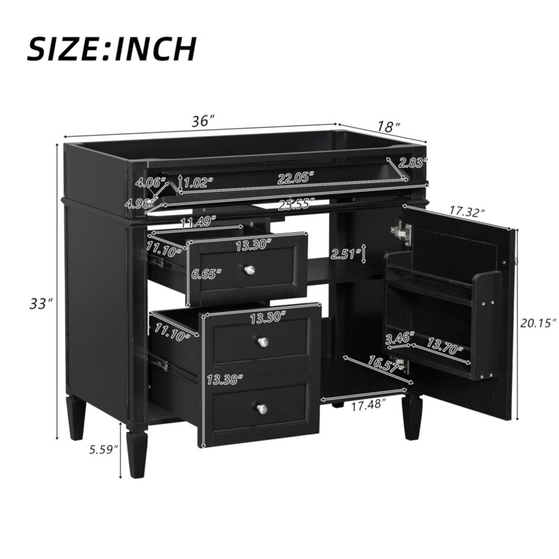 Meuble-lavabo de salle de bain 36 po sans lavabo supérieur, armoire de rangement moderne avec 2 tiroirs et un tiroir basculant, structure en bois massif