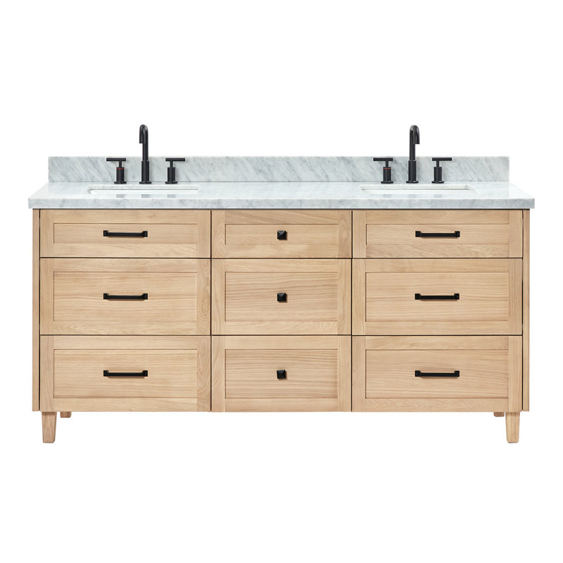 ARIEL Monroe 73 Double Sink Bathroom Vanity with Italian Carrara Marble Top, Oak