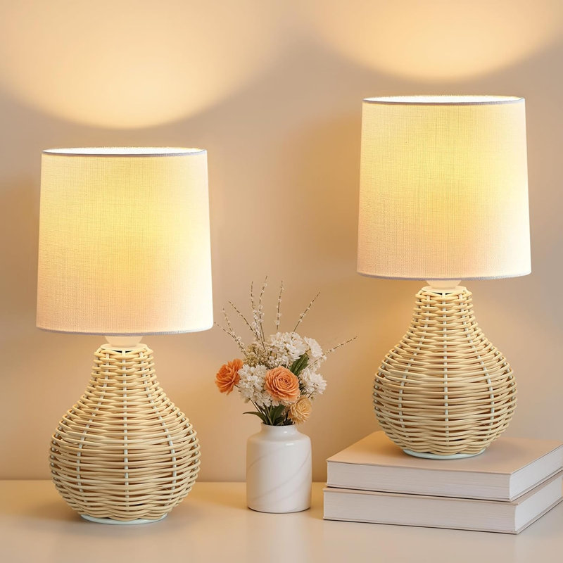 13.5" Boho Rattan Table Lamp Set Of 2 For Bedroom Nightstand & Living Room