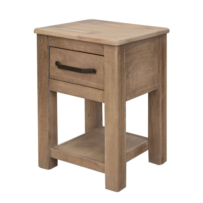 Umey Natural Brown Wood and Metal Chairside Table with Storage