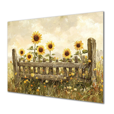 Sunflowers Along The Farm Fence I - Traditional Metal Art Print, Sunflowers Metal Wall Decor