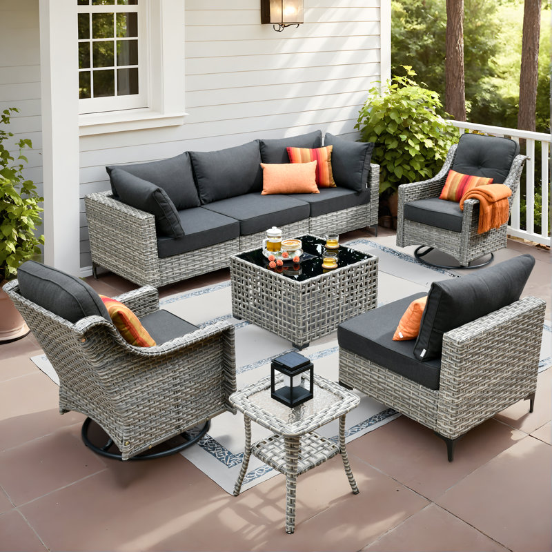 High Quality Pe Rattan Outdoor Sofa With Coffee Table And Rocking Chair 8-Piece Set, Black