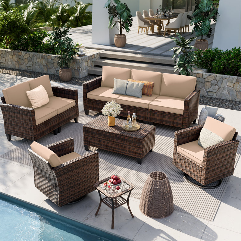  6 Piece Outdoor Wicker Sofa With Swivel Rocking Chairs, Beige