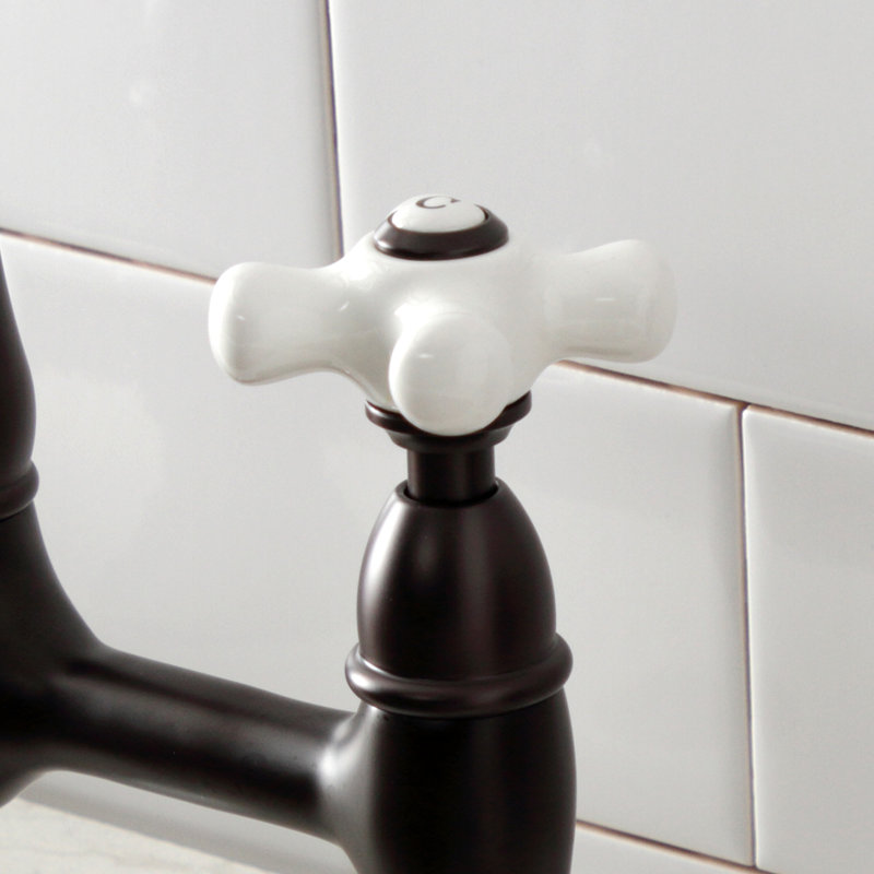 Kingston Brass Heritage Two-Handle 2-Hole Deck Mount Bridge Kitchen Faucet, Oil Rubbed Bronze/White