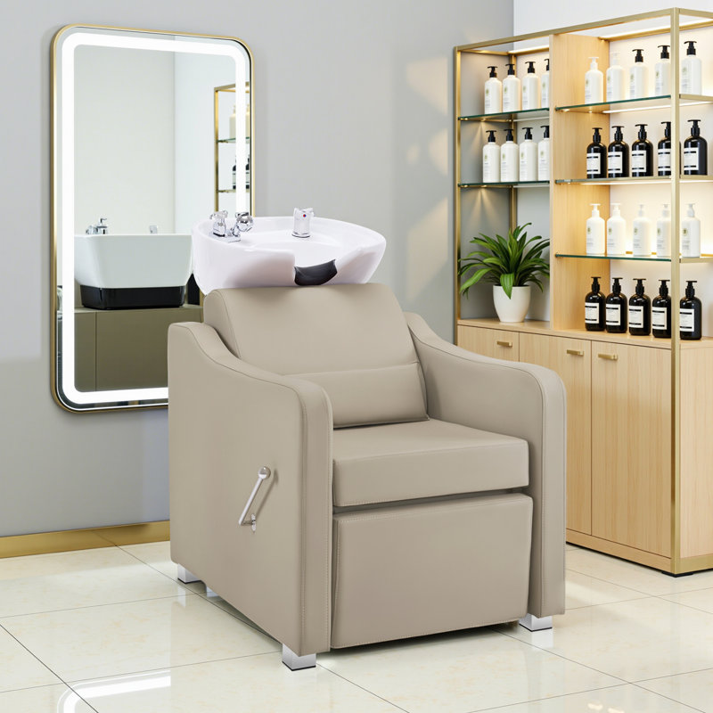 Fauteuil de station de shampooing Backwash, bol de lavage des cheveux en céramique réglable avec fauteuil, Similicuir crème