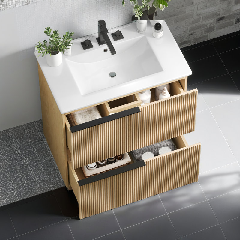 Meuble-lavabo Hurlburt avec lavabo en céramique intégré et rangement intelligent?, Brun