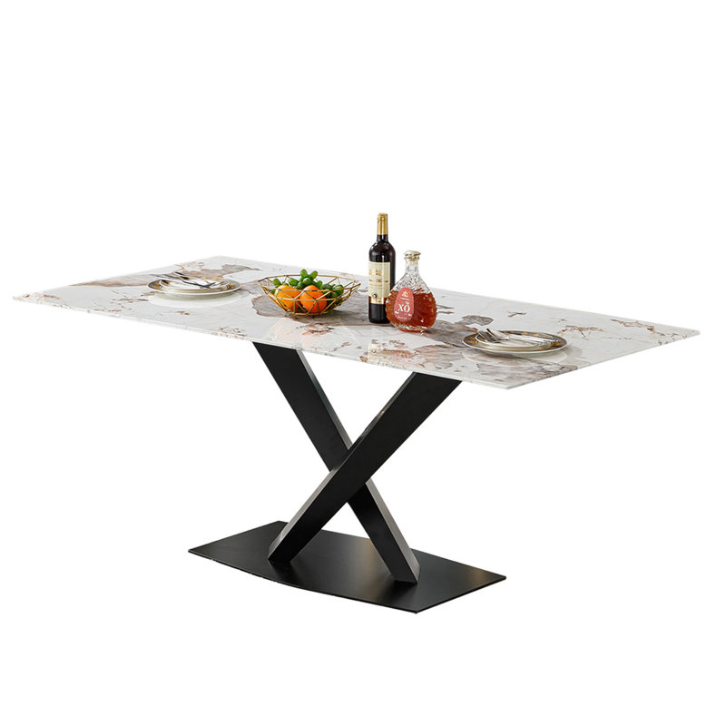 70inch Marble Dining Table, Luxurious 70" Kitchen Table with Printed Marble Tabletop and X-Shape Carbon Steel Pedestal, Modern Kitchen Dining Room Table for 8