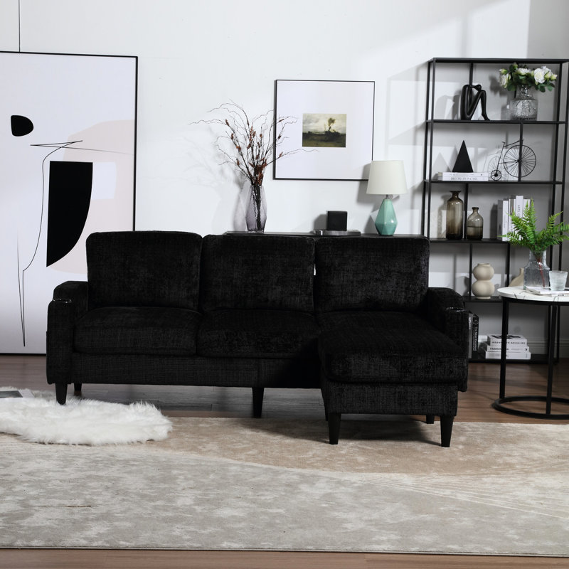 Chenille en L avec rangement et porte-gobelets pour canapé modulaire confortable, Noir