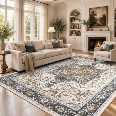 Vintage Persian Machine Washable Area Rug, Cream Brown & Blue Non-Slip Low-Pile Indoor Rug