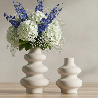 Two-Piece White Ceramic Vase Set, Modern Bohemian Style Home Décor, Versatile Living Room Dried Flower Arrangement.