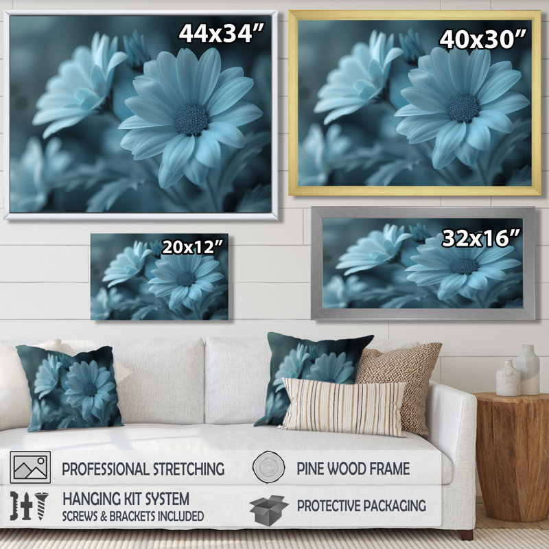 «Blue Mon monochrome Mums Garden Scenery I - Mums Wall Art Living Room», Cadre flottant blanc, bois massif, H 12 po x l 20 po