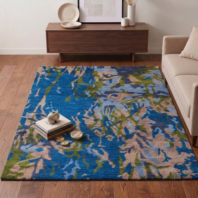 Tapis d'intérieur abstrait en soie bleue noué à la main Abstract