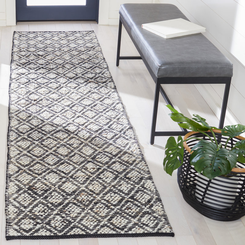 Tapis en laine / coton tissé à la main Natura en noir / ivoire, Tapis de couloir 2 pi 3 po x 9 pi