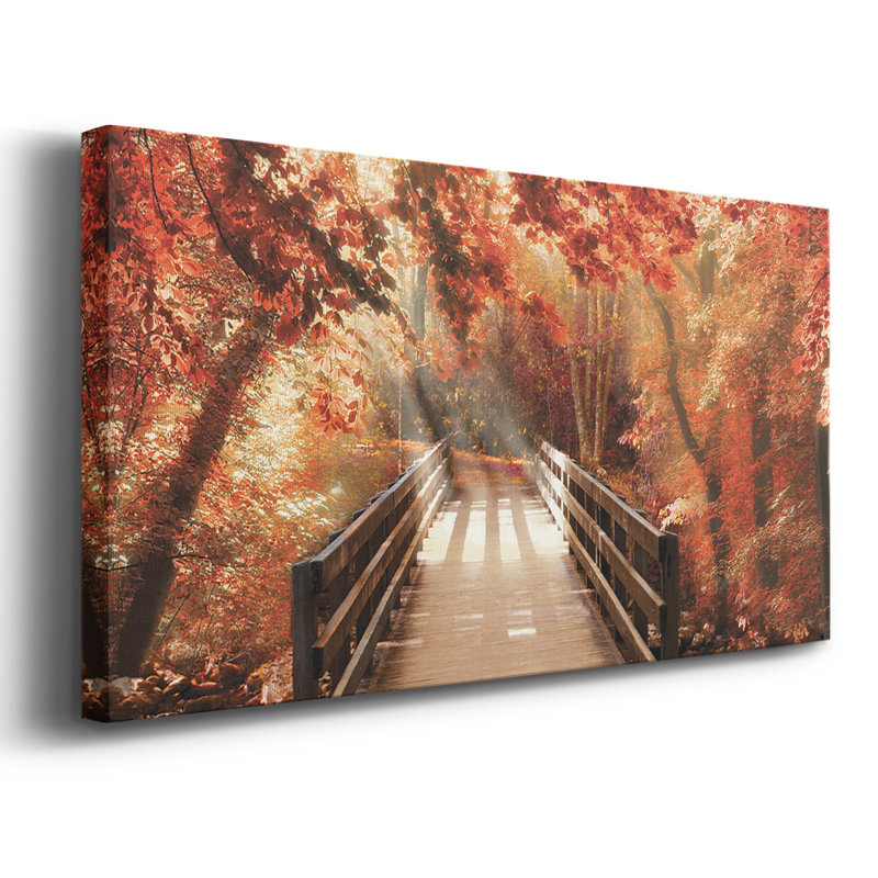 Pont d'automne - Toile tendue avec châssis encadré - Prêt à être accroché, H 21 po x l 41 po, Doré