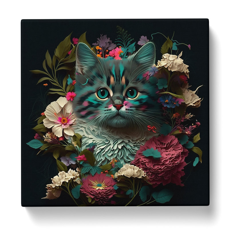 Cat Floral - Wrapped Canvas - Framed Print, 35cm H x 35cm W x 3cm D