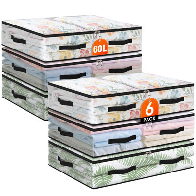 6 Pack Under Bed Storage Bags, 60L Foldable Clear Storage Containers With Handles, Dual Zippers For Comforter, Clothes, Bedding, Linen Sheets, Sweaters, Blanket Storage