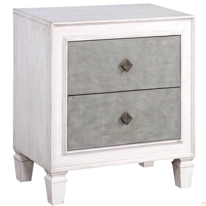 Table de chevet 2 tiroirs gris rustique et blanc vieilli