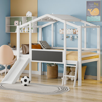 Lit mezzanine simple avec échelle et glissoire, lit maison avec tableau noir et bande lumineuse sur le toit, blanc