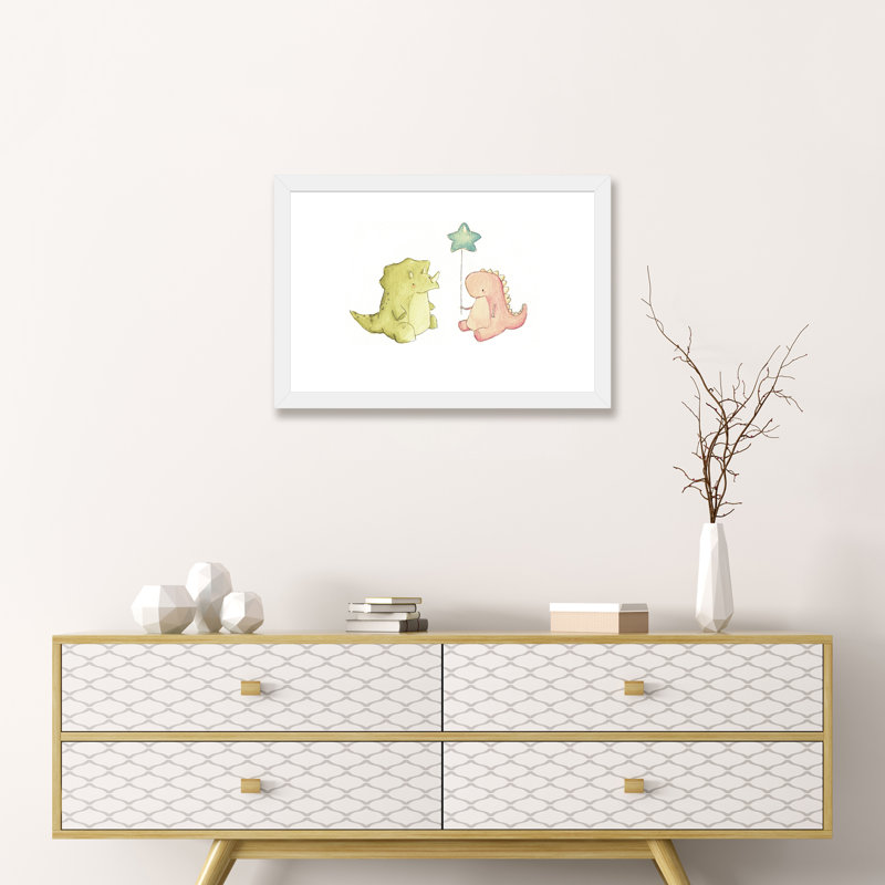«Dino Friends» par Mike Koubou - impression d'art graphique, Toile avec cadre en bois classique, H 18 po x l 26 po x P 1,5 po