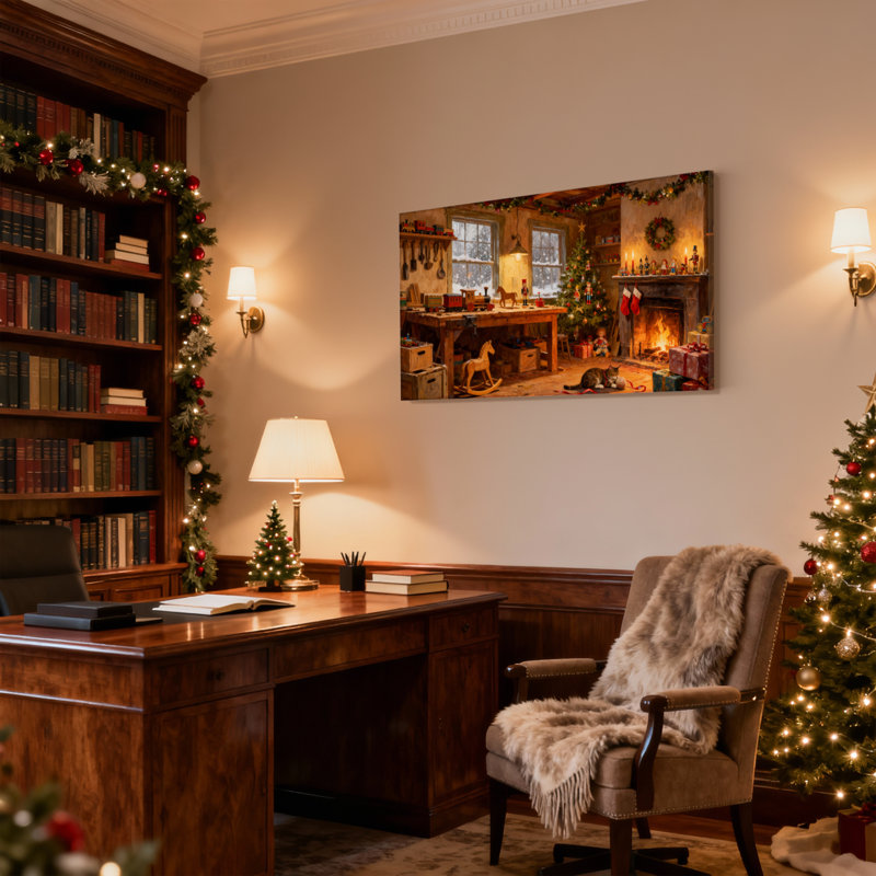 Scène de Noël atelier de Noël avec foyer et arbre, ensemble de 3 impressions sur toile, H 16 po x l 24 po