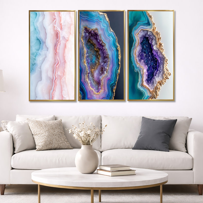 Agate Dream River II - ensemble de 3 reproductions sur toile encadrées Geode, Cadre flottant doré, H 32 po x l 48 po