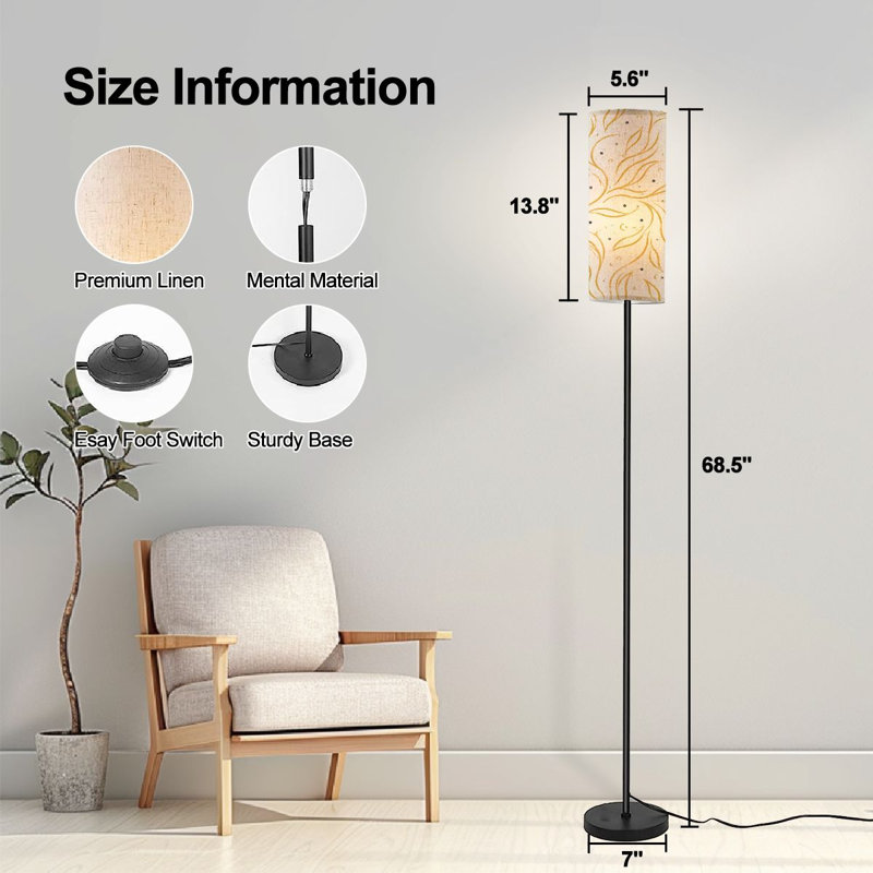 PeeNoke 68.5" Standing Floor Lamp Abstract Beige Brown Flowing Line Organic Curves Dimmable Metal Pole Lamp with Linen Lampshade LED Bulb Included
