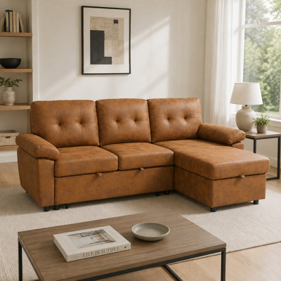 88.5" Convertible L-Shaped Sectional Sofa Bed with Pull-Out Sleeper, Storage Chaise, Padded Armrests and Tufted Back Cushions