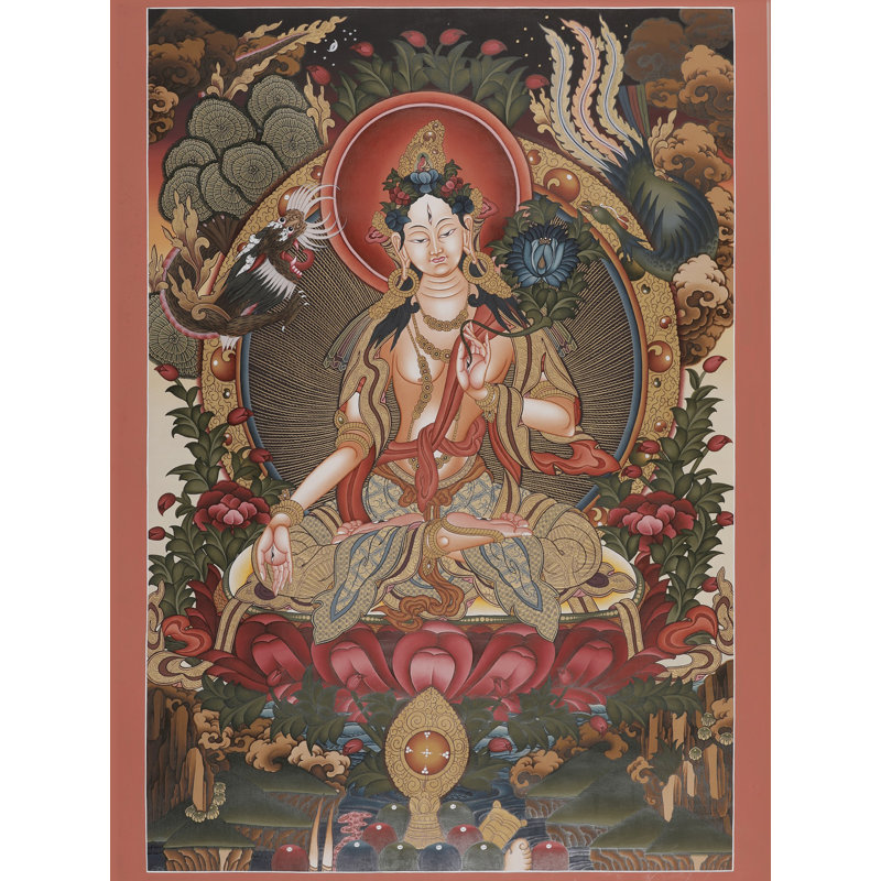 Déesse blanche Tara Brocadeless Thangka | Art mural bouddhiste tibétain peint à la main | Décoration en or 24 carats et longévité (36,2 po x 24,4 po)