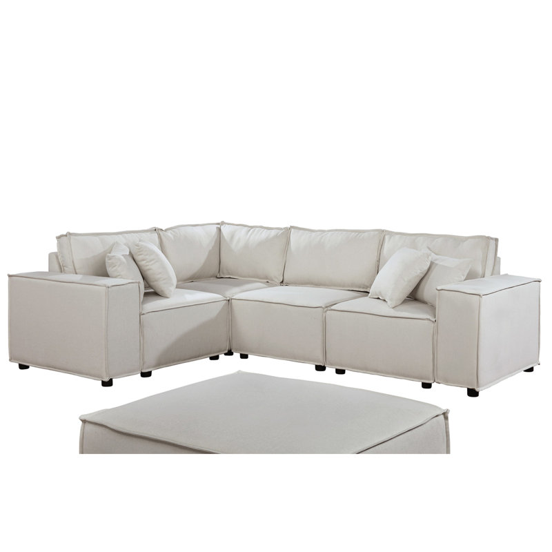 101.48" Modular With In Beige Linen - Flexible Chairs Configuration, Welt Trim, Foam Filled Seats Coil Springs, 5 Accent Pillows Reconfigurable Seating Options,