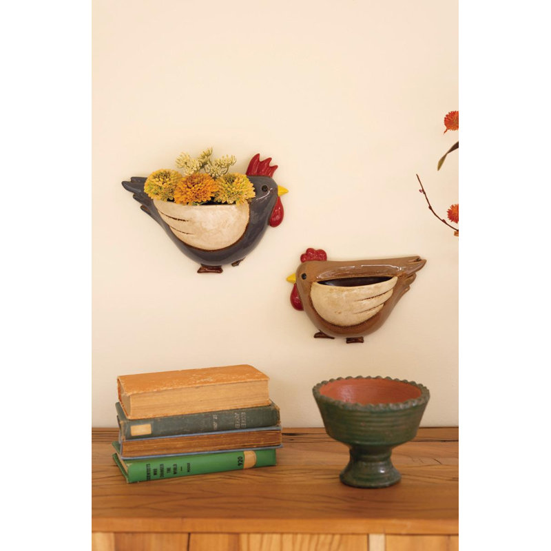 SET OF TWO CERAMIC CHICKEN WALL PLANTERS