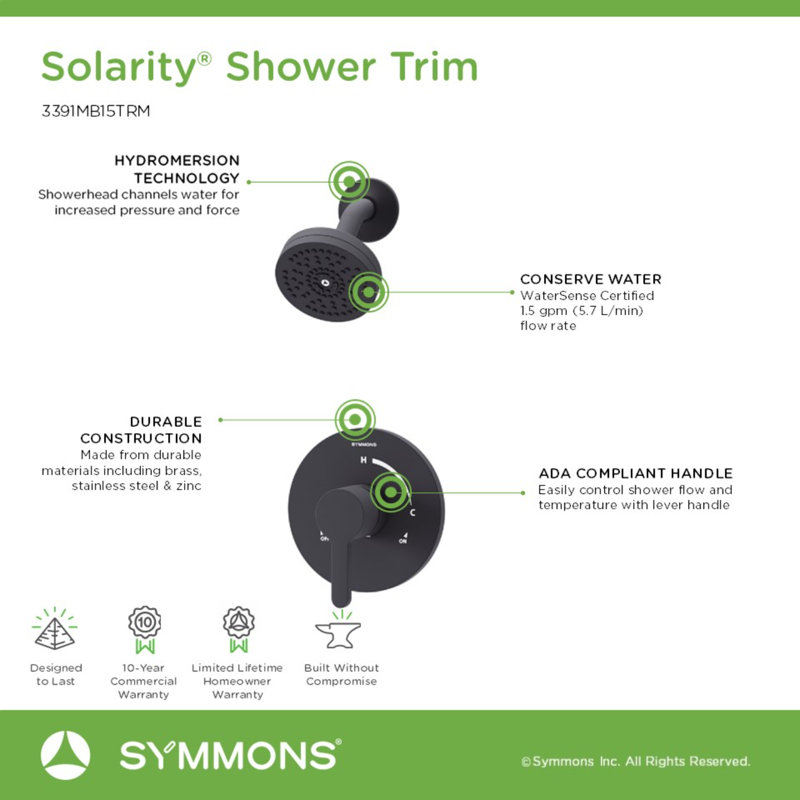 Solarity Hydromersion Single Handle Shower Trim Kit With Escutcheon (Valve Not Included), Matte Black