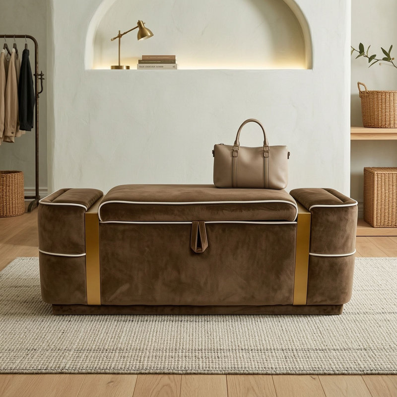 Banquette de rangement rembourrée avec couvercle relevable, Brown