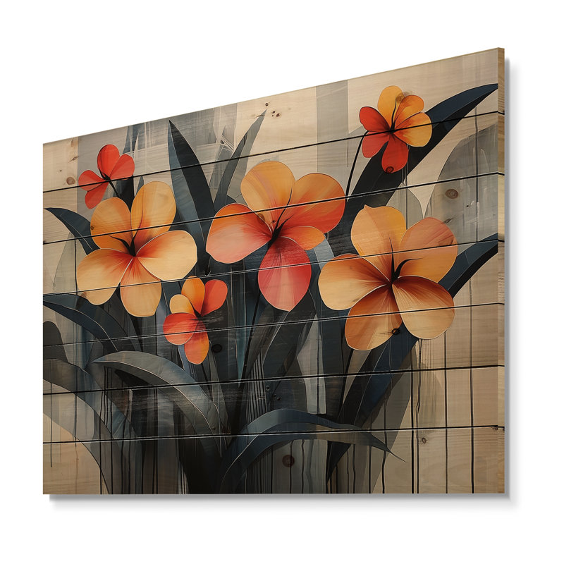 Summer Hibiscus In A Geometric Symphony II - Hibiscus Wood Wall Decor - On Natural Pine Wood, 34" H x 44" W x 0.78" D