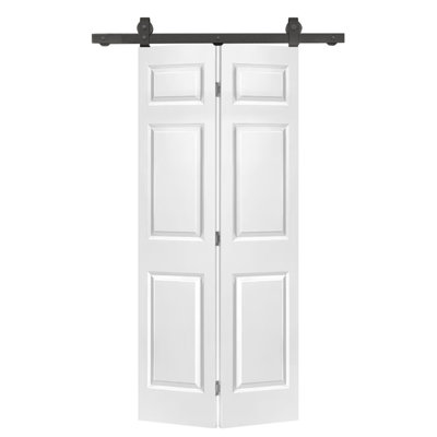 30 in. x 80 in. 6-Panel Primed MDF Composite Bi-Fold Barn Door with Sliding Hardware Kit