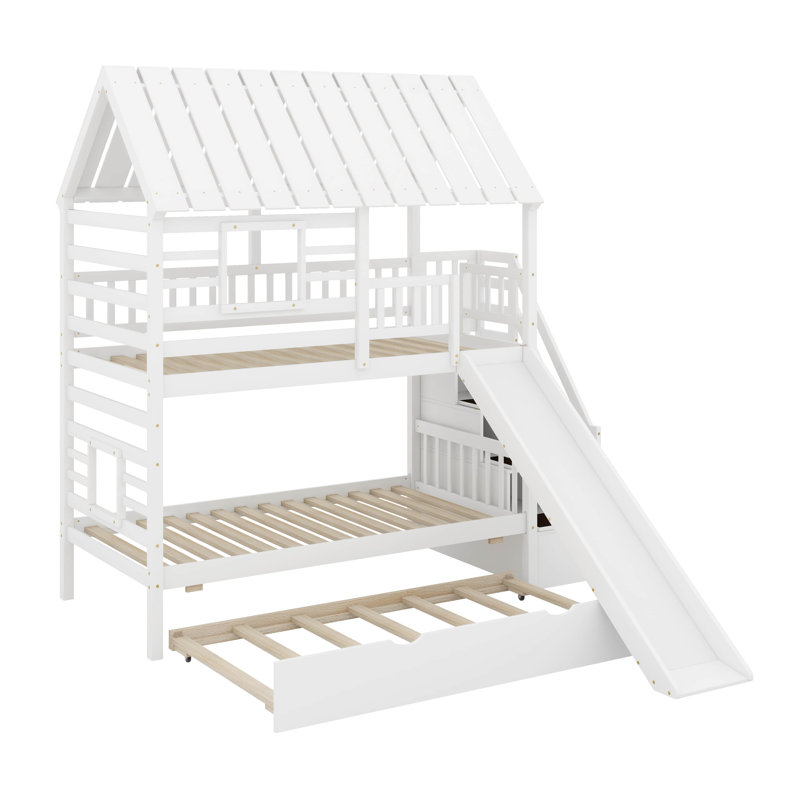 Twin Over Twin House Bunk Bed With Slide, Trundle And Storage Staircase, Roof And Window Design, White