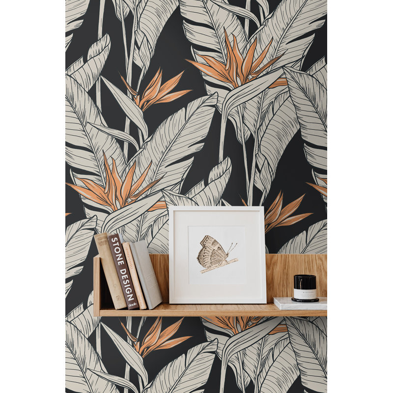 The Sojourn Floral Vinyl Peel & Stick Metallic Wallpaper Roll, Onyx/Metallic Copper