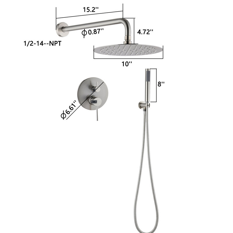 Pomme de douche en nickel brossé 10 po - Pluie et à main avec unité portable